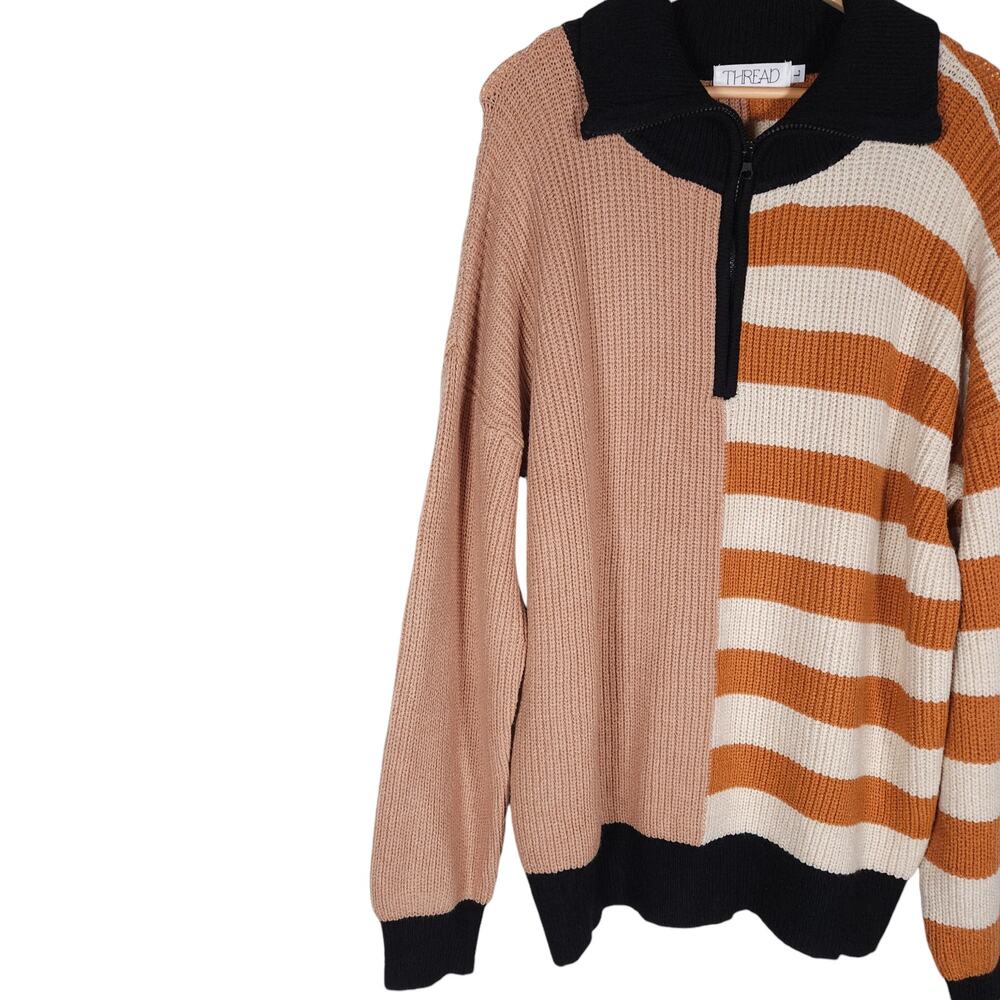 Thread Virginia Polo Sweater Large Orange Black Stripe Colorblock Partial Zip - Picture 3 of 14